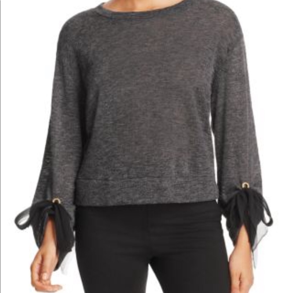 Ella Moss charcoal gray boxy t-shirt sweater top tulle bow cuff ties NWT small